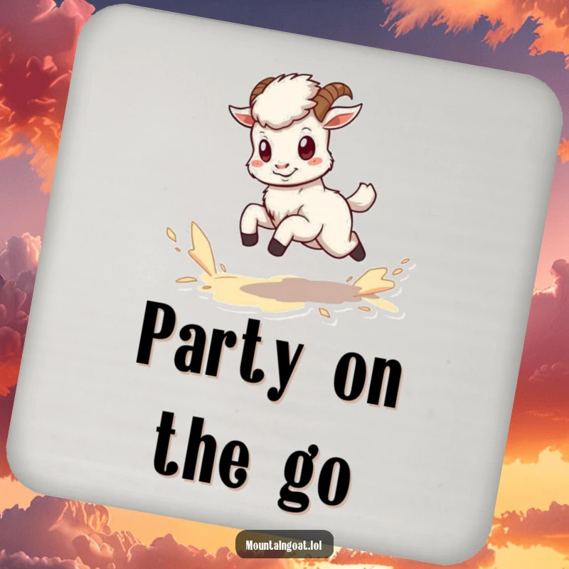 Funny kawaii mountain goat coaster showing a tiny, energetic goat kicking up dust while running.