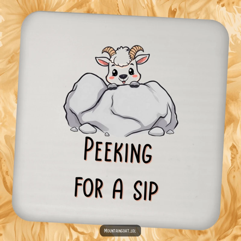 Funny kawaii mountain goat peeking from behind a boulder, as a decorative and protective drink coaster.