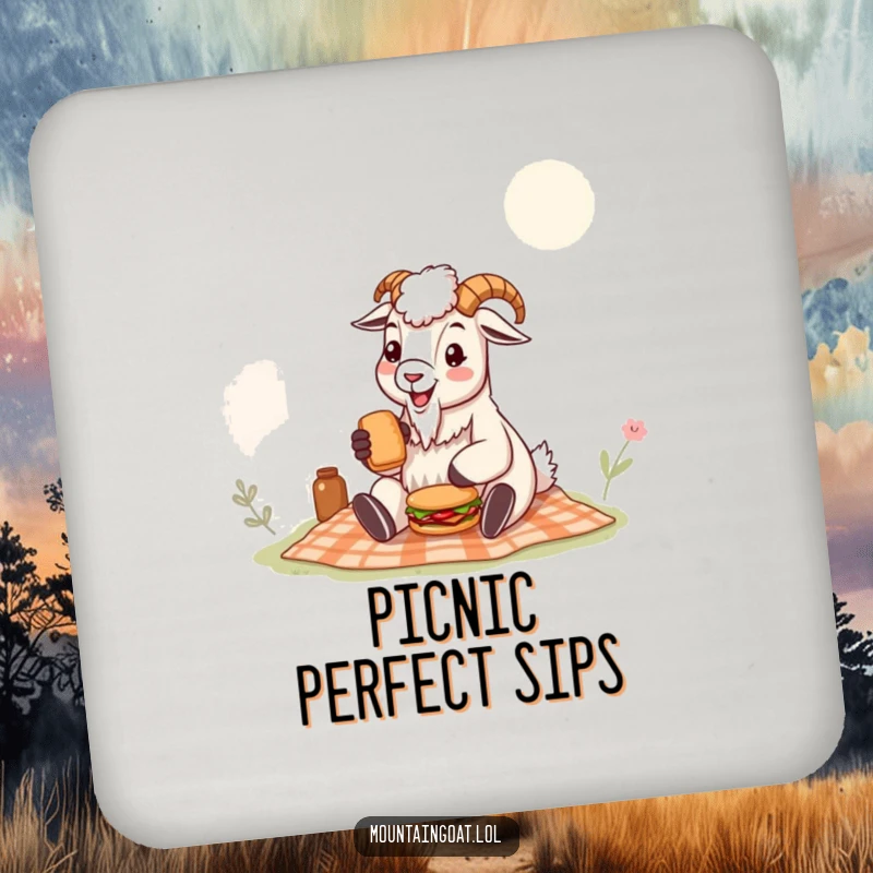 Funny mountain goat drink coaster featuring a happy goat enjoying a picnic with a tiny sandwich, protecting tables with humorous charm.