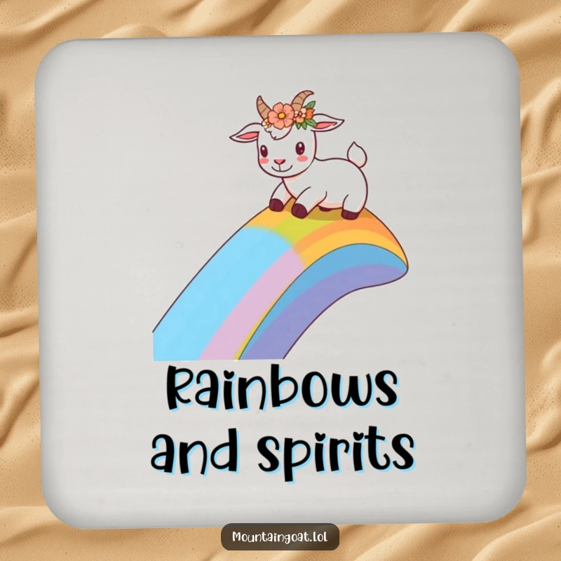 Funny goat with a flower crown sliding down a rainbow slope on a drink coaster, offering cheerful surface protection for beverages.',