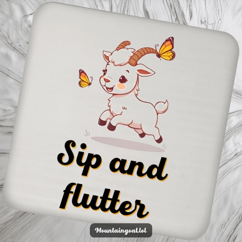 Funny mountain goat coaster featuring a playful character chasing a butterfly, adding a whimsical and humorous touch to any surface.