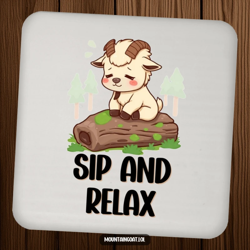 Funny tired mountain goat sighing contentedly on a mossy log, depicted on a protective coaster for a humorous touch.