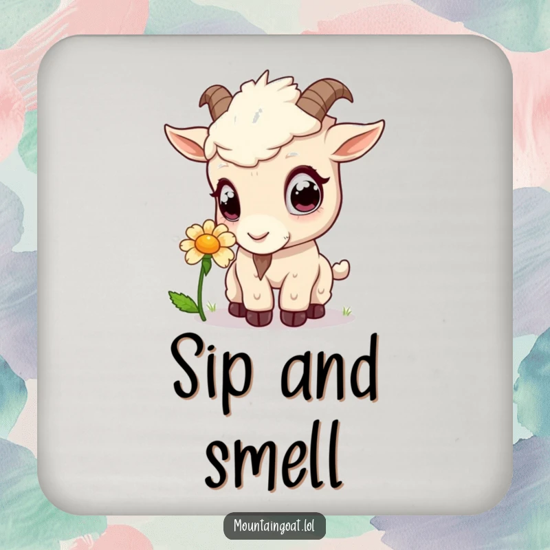 Funny kawaii mountain goat curiously sniffing a flower, printed on a protective and amusing drink coaster.