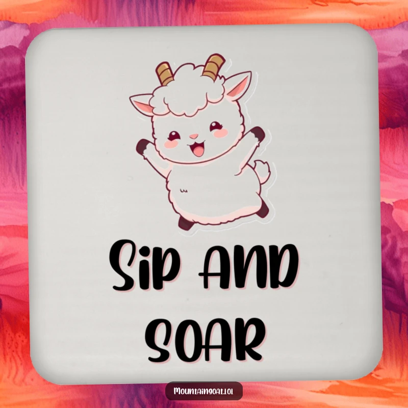 Funny coasters featuring a fluffy white mountain goat with tiny horns leaping joyfully, offering protection and a humorous, energetic touch to tabletops.