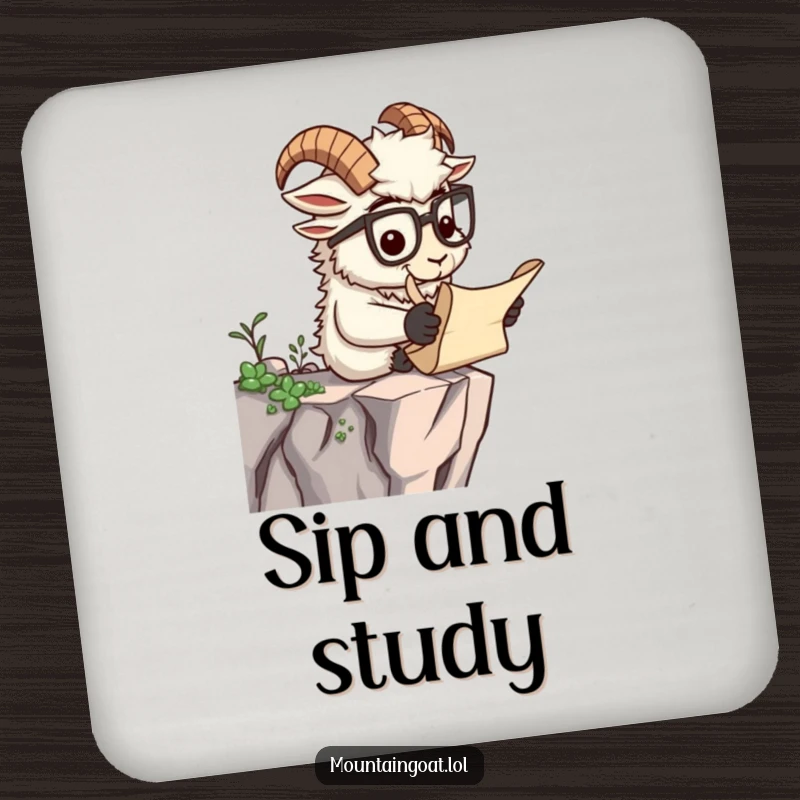 Funny drink coasters with a scholar mountain goat wearing spectacles reading a scroll, offering intellectual humor and surface protection.