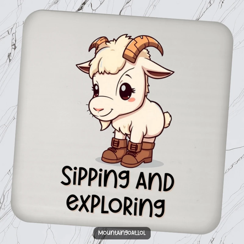Kawaii mountain goat on a drink coaster, wearing tiny hiking boots, looking curious, protecting surfaces.