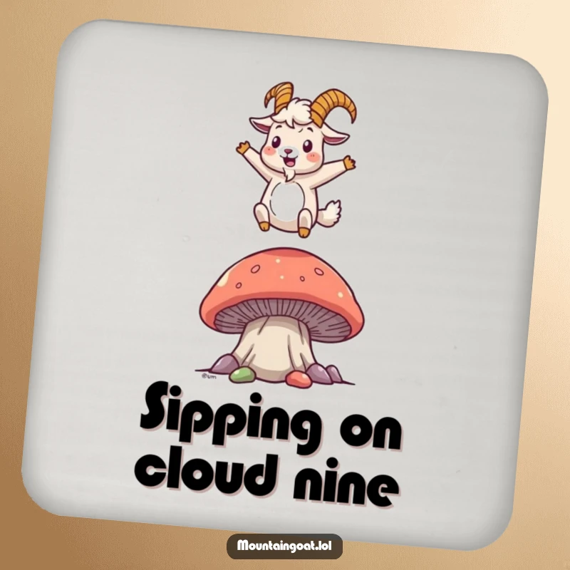 Funny mountain goat coaster featuring a joyful character bouncing on a large mushroom, adding a playful and humorous touch to any surface.