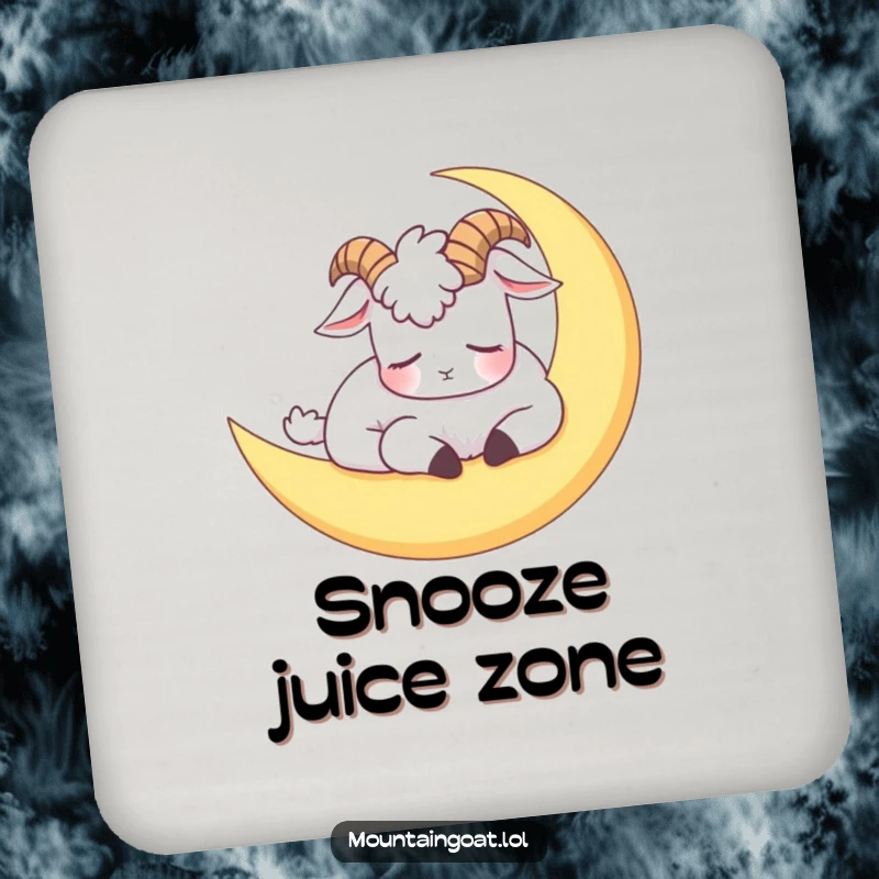Funny drink coasters set with a sleepy mountain goat napping on a crescent moon, offering humorous surface protection.