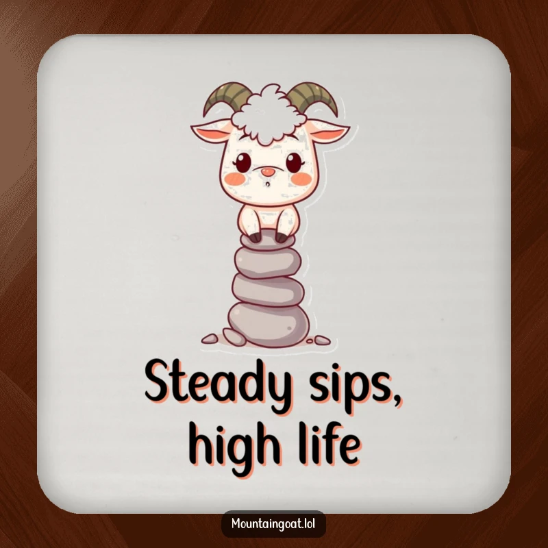 Funny Mountain Goat Drink Coaster: A smiling goat balancing pebbles protects your surfaces with humor.
