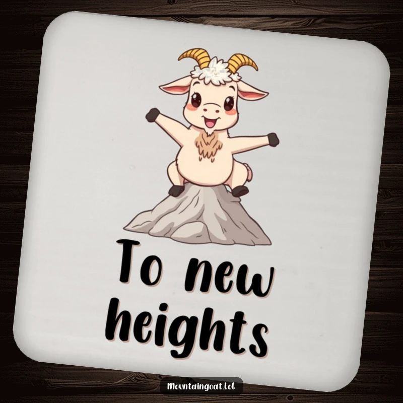Funny mountain goat coaster, a happy character striking a whimsical pose on a serene peak, adding a touch of peaceful humor.