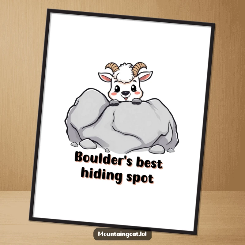 Funny kawaii mountain goat peeking playfully from behind a boulder, rendered as charming wall art poster.