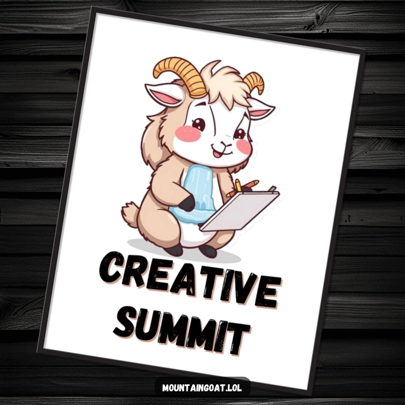 Funny happy mountain goat artist sketching a waterfall in a notepad, inspiring wall art for nature lovers.