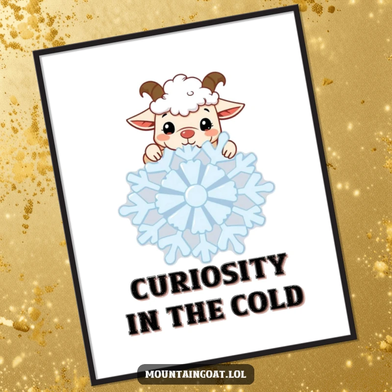 Funny Goat Snowflake Poster: A kawaii mountain goat peeks curiously over a large snowflake, creating a whimsical and humorous winter scene.