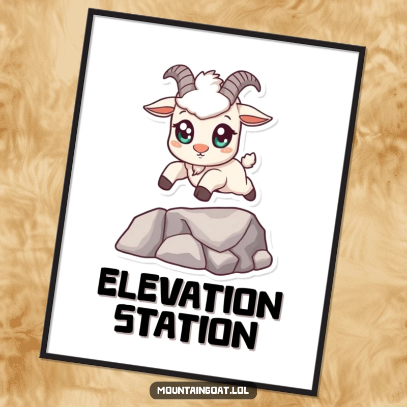 Funny kawaii mountain goat poster with big eyes, confidently leaping across a small gap, a vibrant piece of art for cheerful decor.