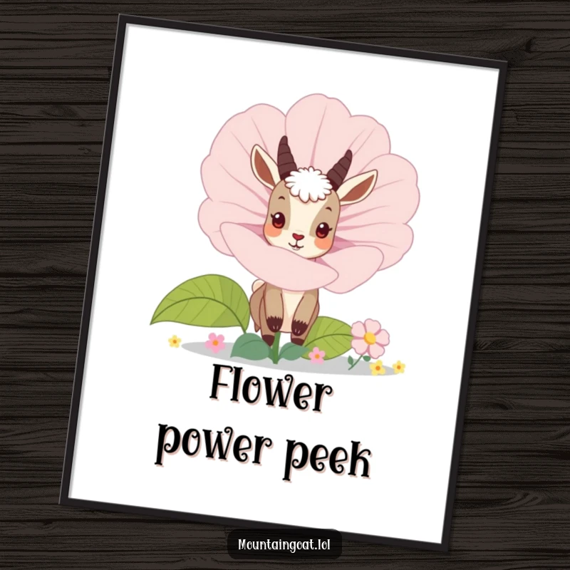 Funny mountain goat character peeking behind a giant, colorful blooming flower, presented as vibrant wall art. Captivating and amusing.