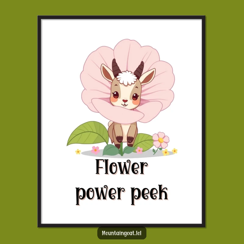 Funny Curious Mountain Goat Flower Poster - Whimsical Wall Art
