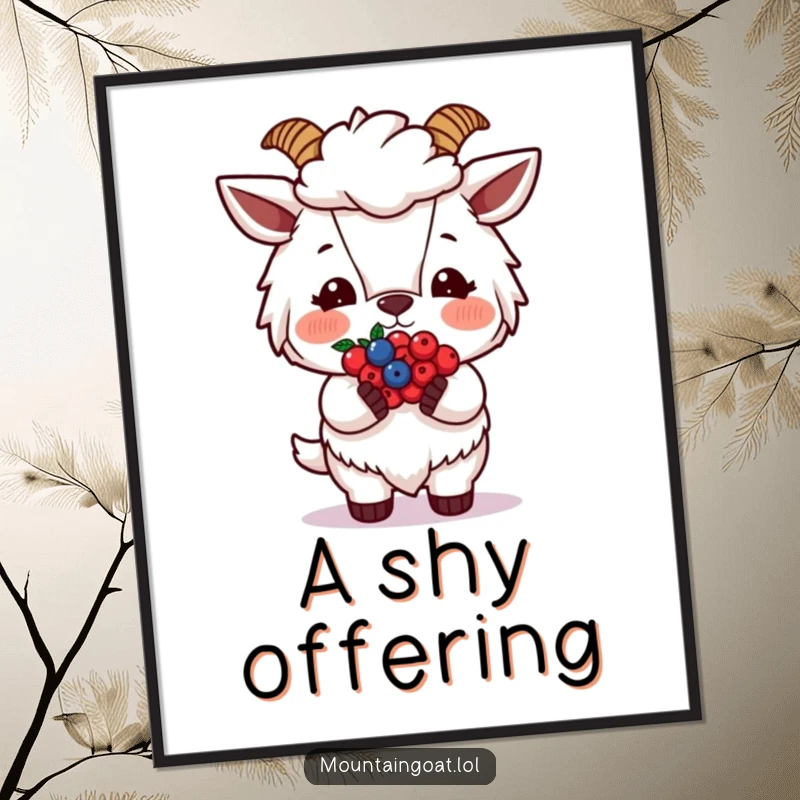 Funny Blushing Goat Berries Poster artwork, featuring a shy goat with rosy cheeks and berries, adding sweet humor to any room.
