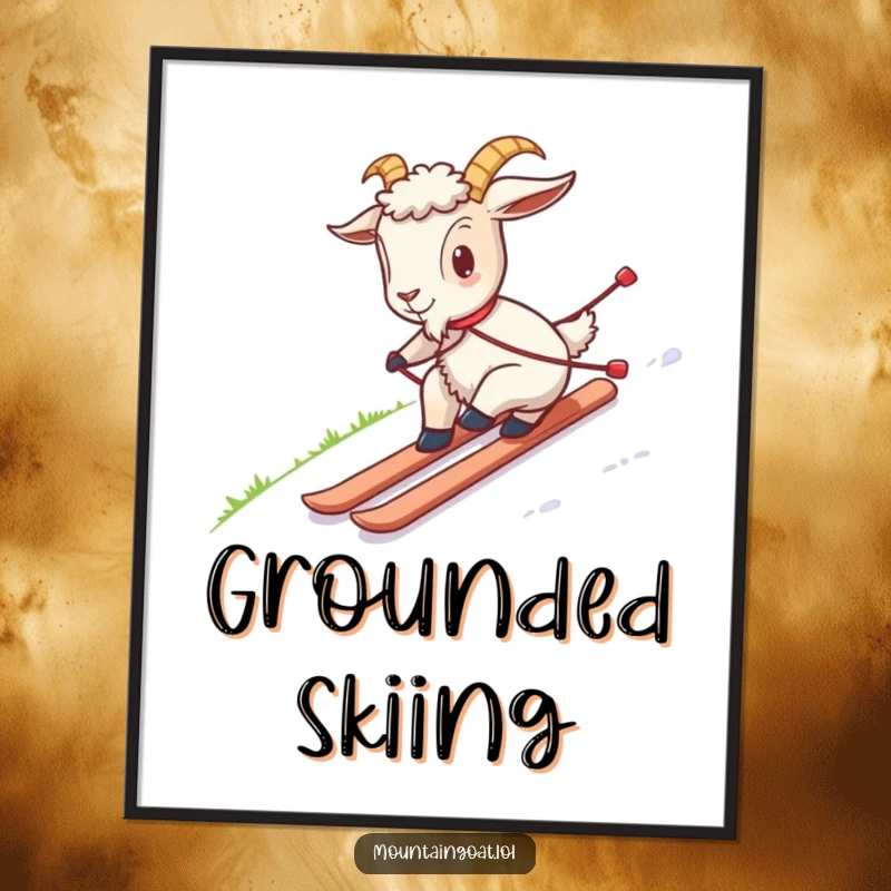 Funny poster art of a goat awkwardly skiing down a grassy hill, a comical piece of wall decor that brings smiles.