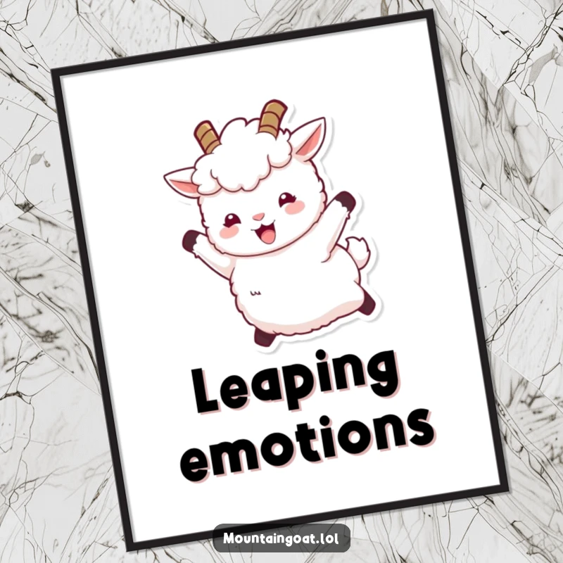Funny poster depicting a fluffy white mountain goat with tiny horns leaping joyfully, conveying ecstatic energy and playful cheerfulness.