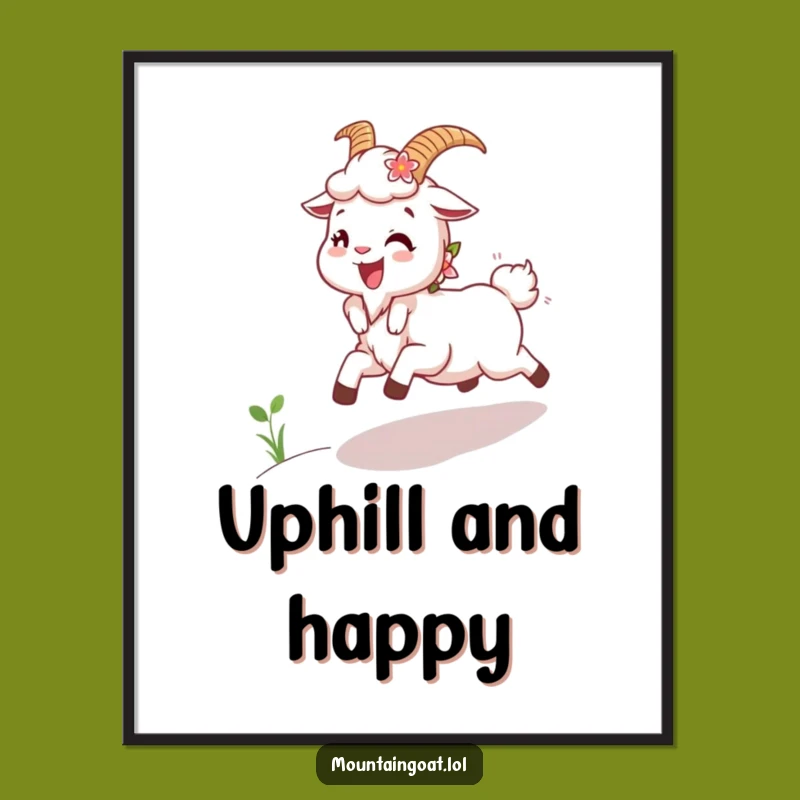Funny Joyous Goat Flowers Poster: Uplifting Wall Art with Floral Mountain Charm