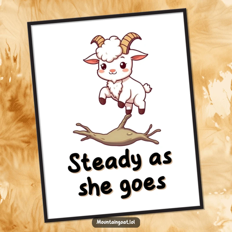 Happy kawaii mountain goat in a perfect balancing pose on a slender branch, adding charm to any wall.