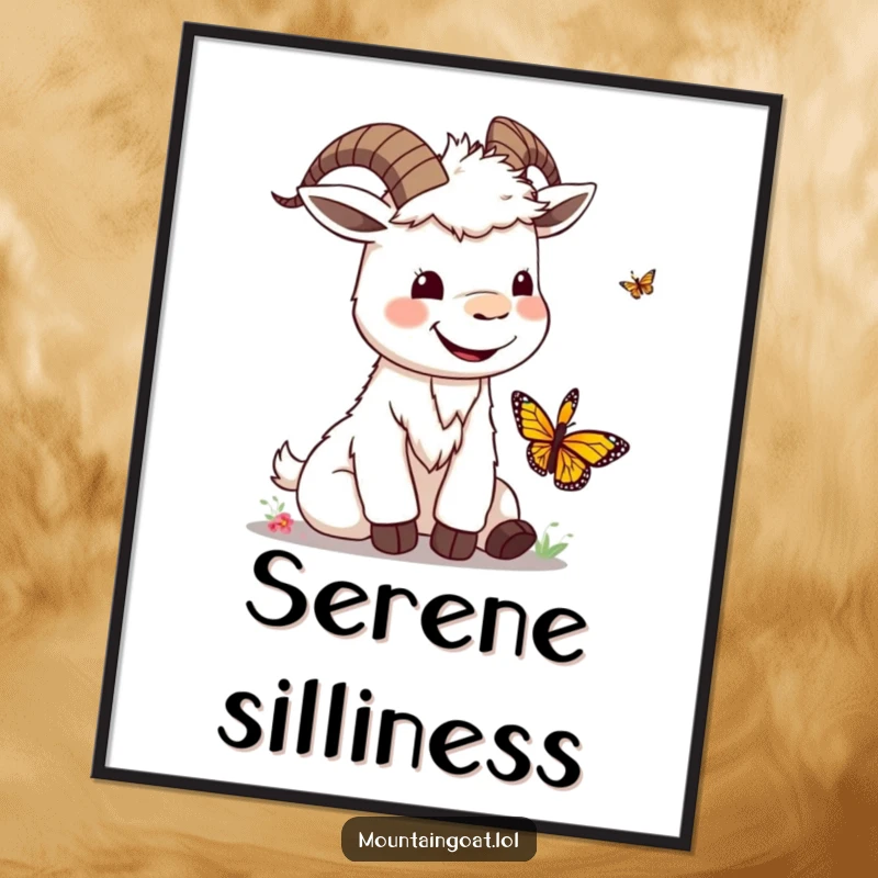 Funny kawaii mountain goat with a silly smile interacting with a butterfly, creating a whimsical and happy poster.