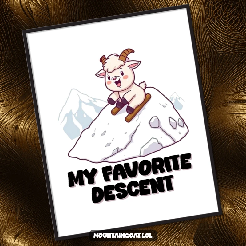 Funny kawaii mountain goat in a dynamic slide down a snowy mountain peak, presented as winter wall art.