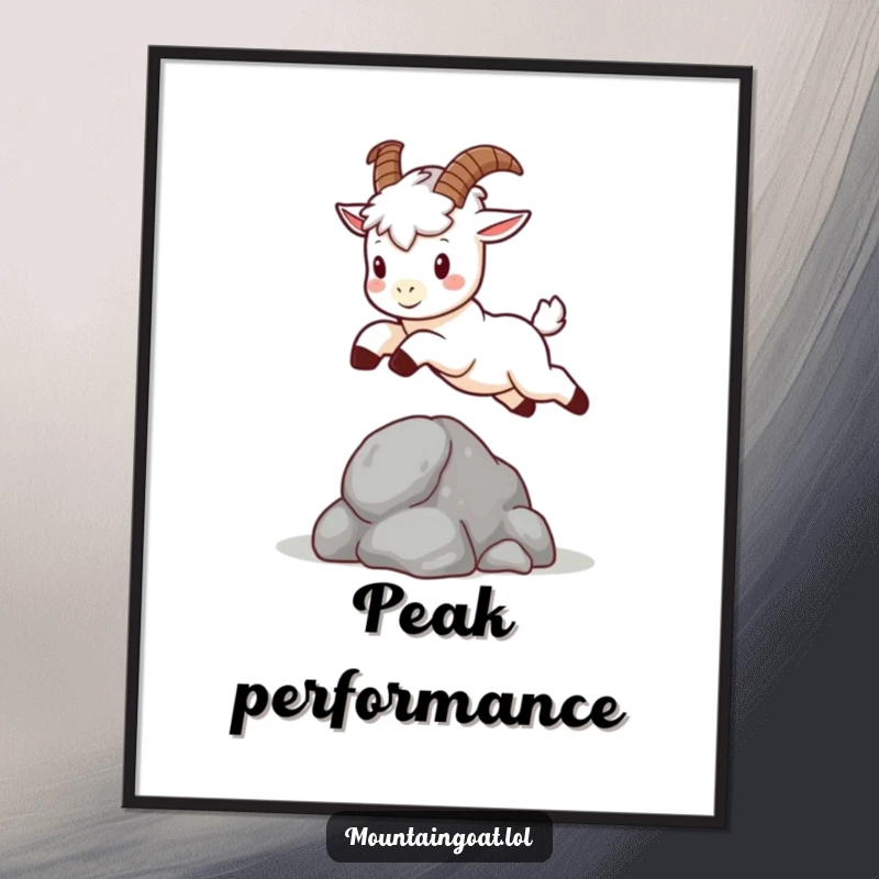 Funny kawaii mountain goat with tiny horns, captured in a dynamic leap over a small rock, charming wall art.