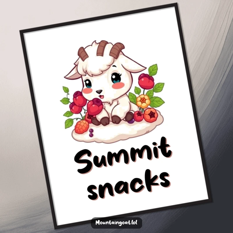 Funny mountain goat happily munching vibrant berries, nature art, humorous wall decor, lovely funny gift.