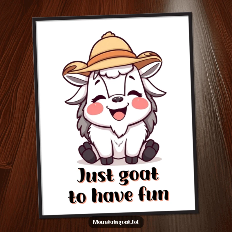 Funny mountain goat poster showing a laughing goat character wearing a small, jaunty hat, perfect for adding humor to wall decor.