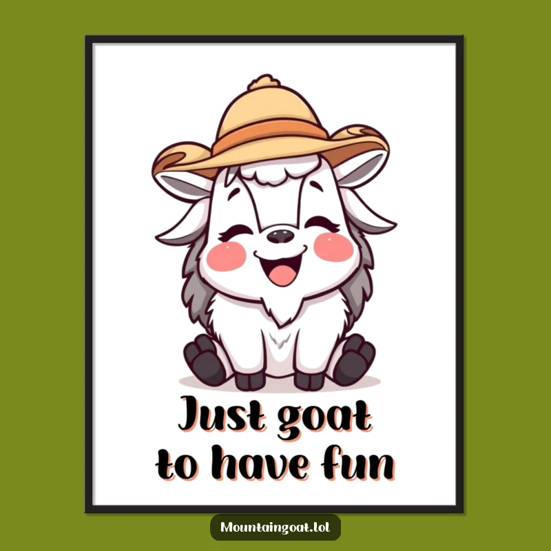 Funny Mountain Goat Laughing with Hat Poster - Whimsical Wall Art for Goat Fans