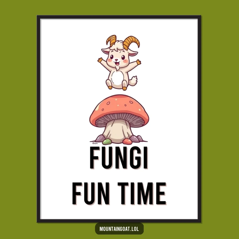 Funny Mountain Goat Mushroom Bounce Poster - Whimsical Wall Art for Cheerful Homes