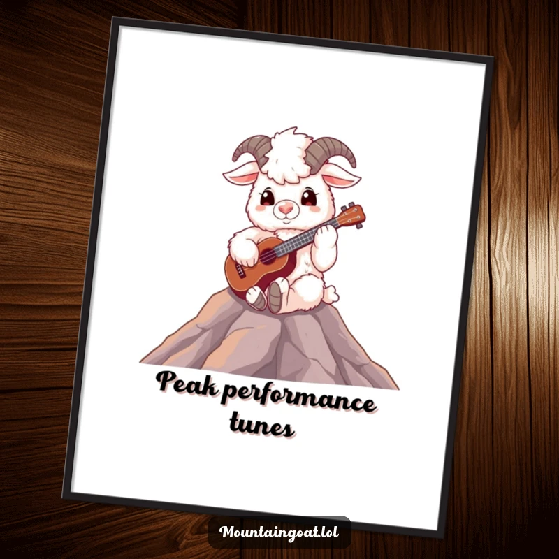 Funny fluffy mountain goat on a peak, playing a ukulele, charming musical wall art.