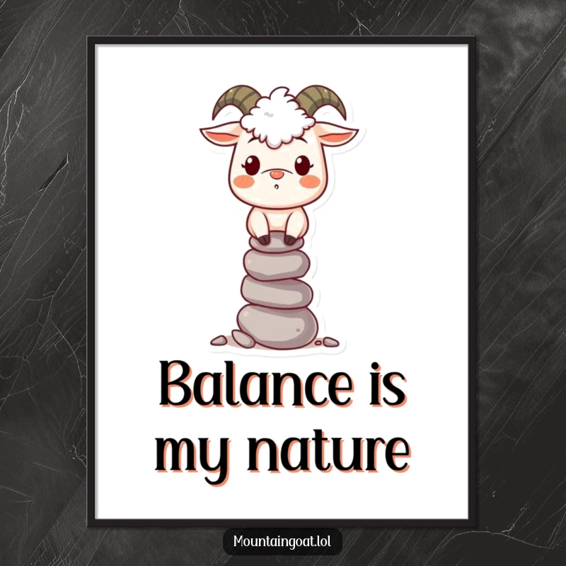 Funny Mountain Goat Poster: A cheerful goat balances a tower of pebbles, bringing quirky charm to wall decor.