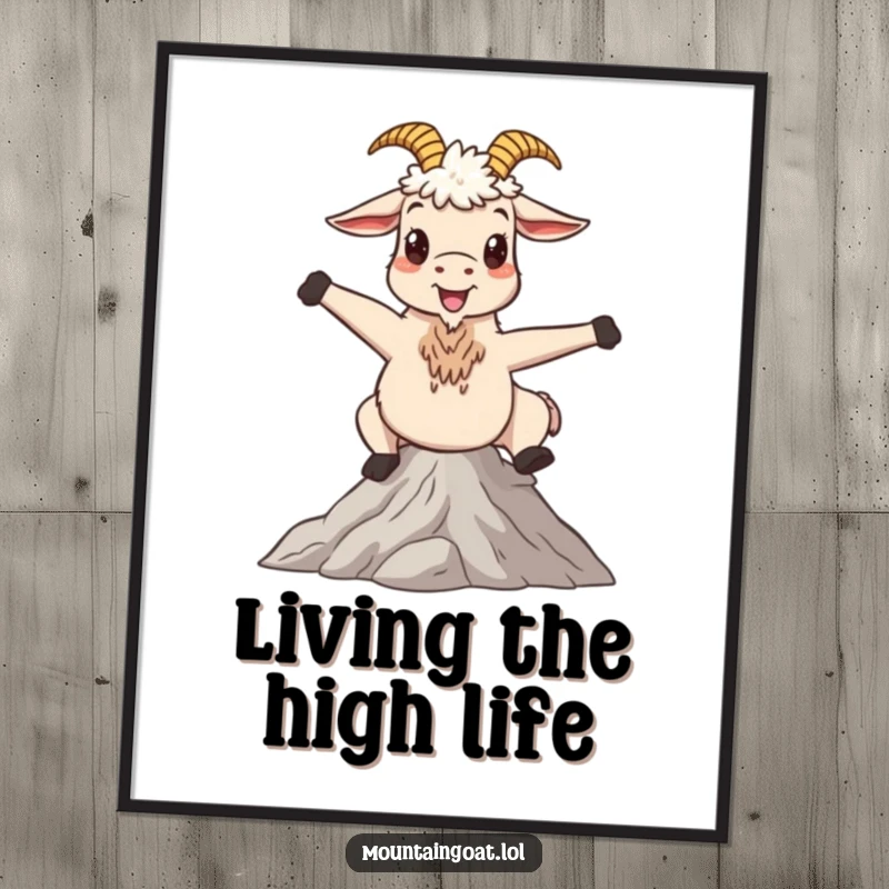 Funny mountain goat poster, a happy character striking a whimsical pose on a serene peak, an artwork that embodies peace and joy.