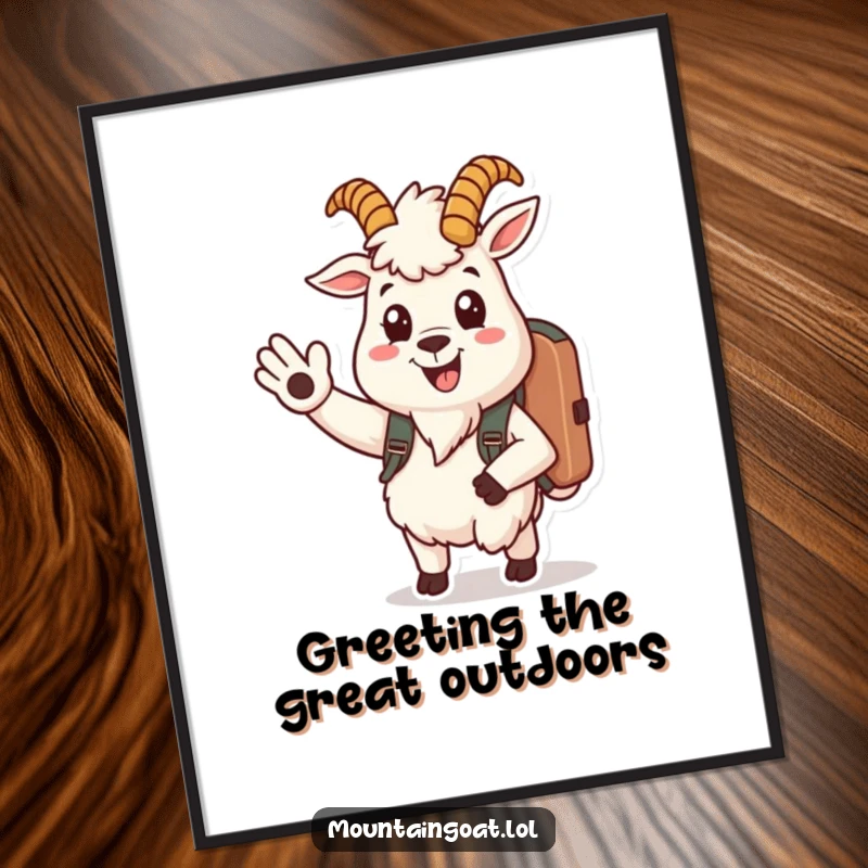 Funny mountain goat poster features a cheerful goat character with a backpack, smiling and waving, creating welcoming art.