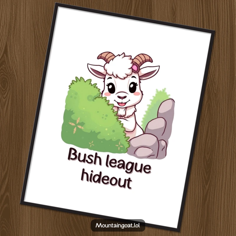 Funny mountain goat poster depicting a mischievous goat playing hide-and-seek behind a bush, a humorous illustration of playful teasing.