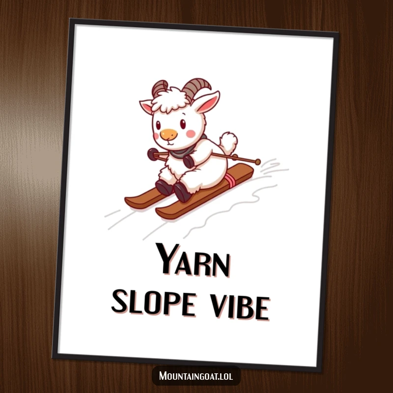 Funny playful mountain goat character skiing down a yarn ski slope, presented as whimsical wall art. Amusing and charming.