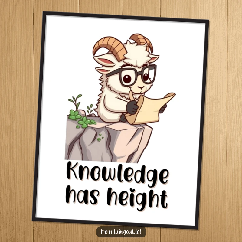 Funny poster of a scholarly mountain goat with spectacles reading a scroll on a cliff, embodying intellectual humor.
