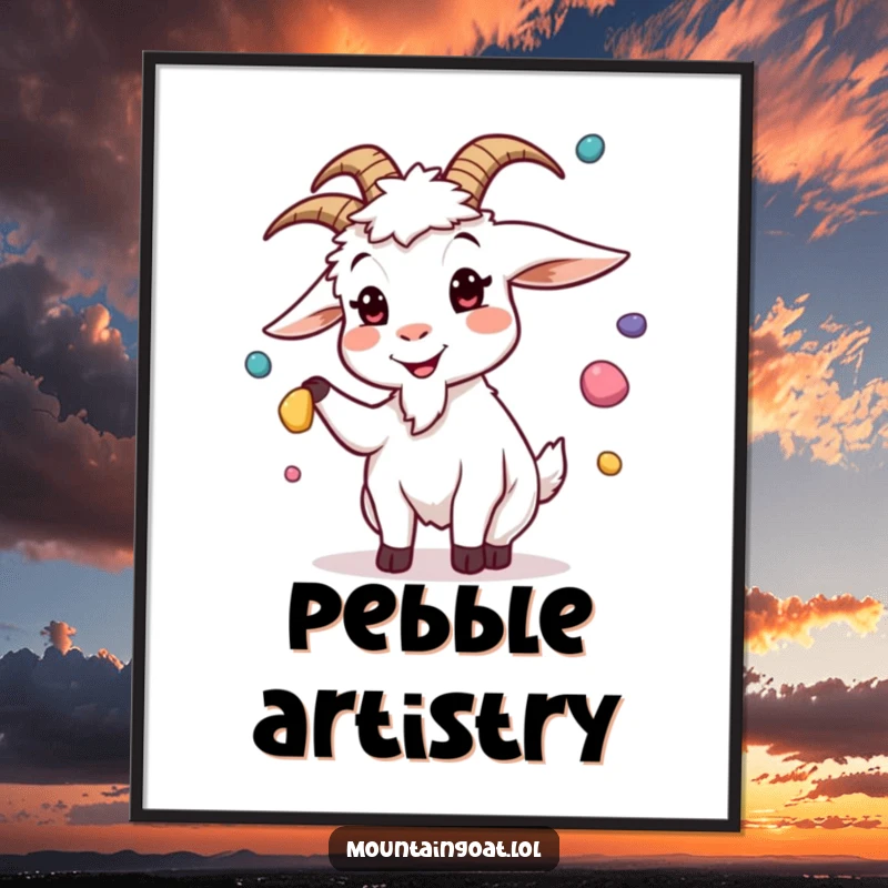 Funny poster art of a goat juggling colorful pebbles with a silly expression, a humorous and vibrant piece of wall decor.