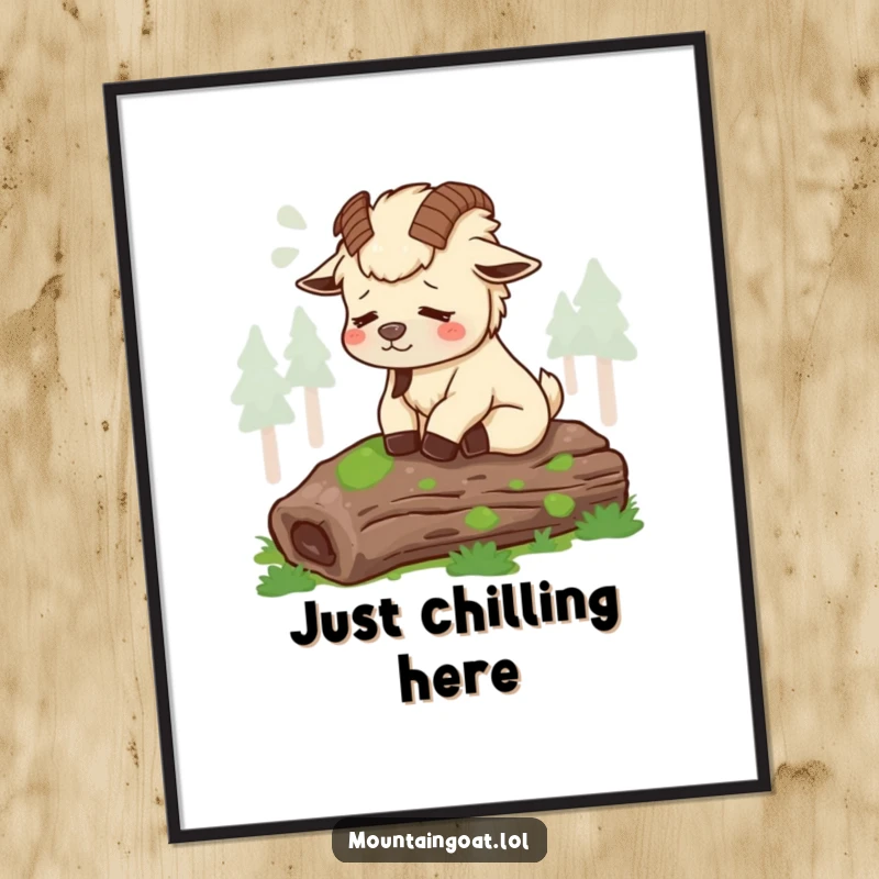 Funny tired mountain goat sighing contentedly on a mossy log, creating a peaceful, humorous wall art print.
