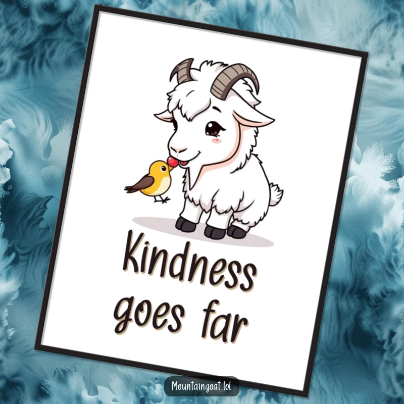 Funny Poster: A mountain goat gently shares a berry with a small, bewildered bird, a sweet scene.