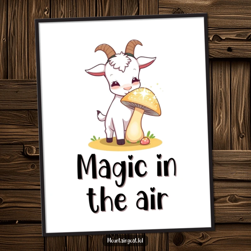 Funny goat curiously sniffing a sparkling, oversized mushroom, presented as a humorous poster for enchanting wall decor.',