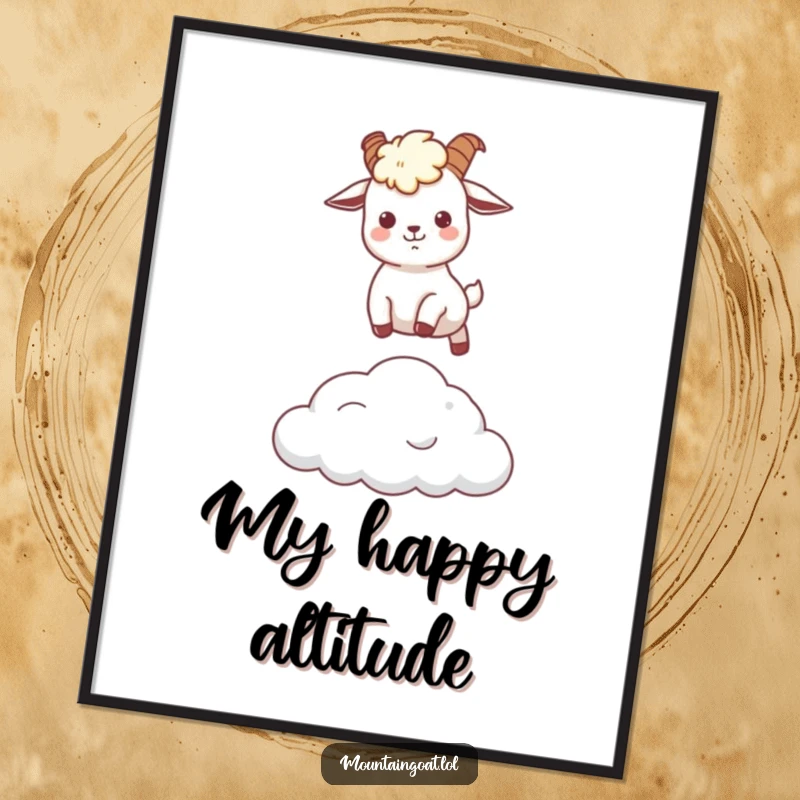 Funny kawaii mountain goat captured mid-air, cheerfully leaping over a soft cloud, presented as vibrant wall art.