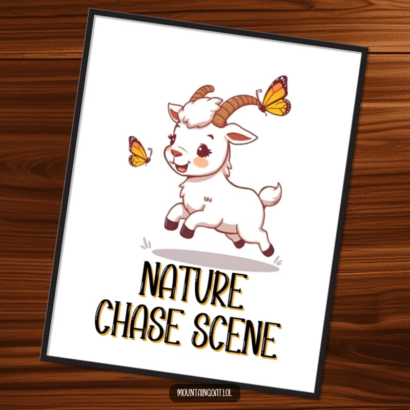 Funny mountain goat poster depicting a playful character chasing a butterfly, perfect for adding whimsical and humorous wall decor.