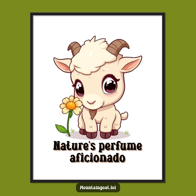 Funny Kawaii Goat Flower Sniff Poster - Whimsical Nature Art Gift