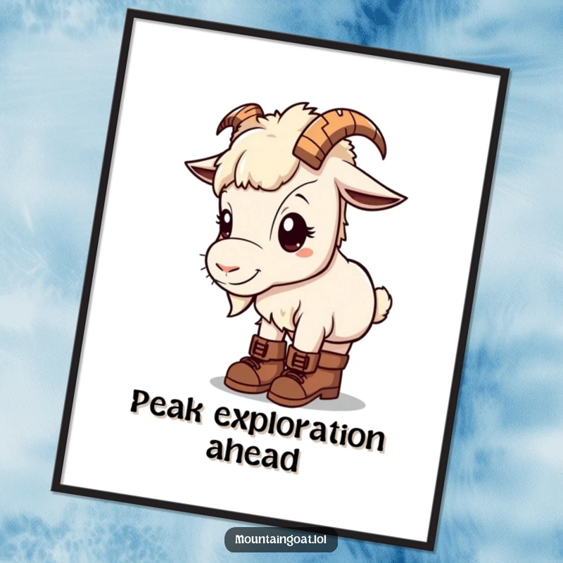 Kawaii mountain goat on a poster, wearing tiny hiking boots, with a curious and endearing look.