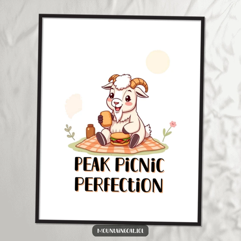 Funny mountain goat poster depicting a happy goat with a tiny sandwich during a picnic, a humorous piece of art for any nature lover.