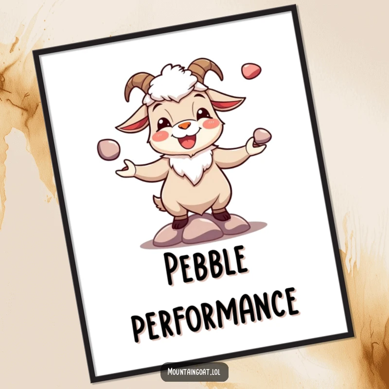 Funny joyous mountain goat character juggling shiny pebbles, presented as uplifting wall art. Amusing and cheerful.