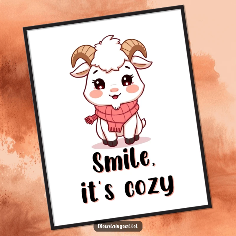 Funny Mountain Goat Scarf Poster: A smiling goat wearing a knitted scarf radiates warmth and friendliness, perfect for cozy decor.